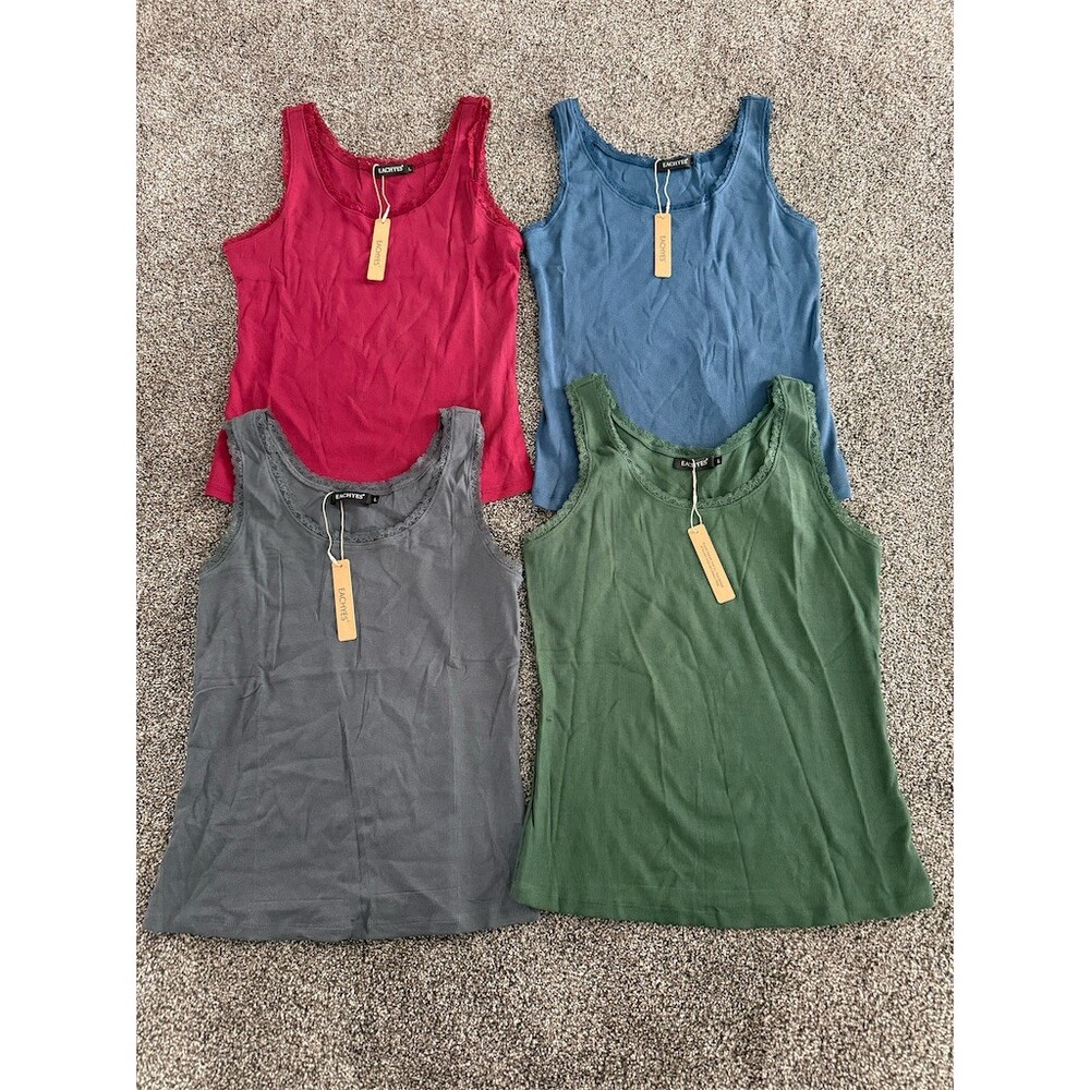 EACHYES Tank Tops Womens Size L Lot of 4 Ribbed Lace Trim Scoop Neck